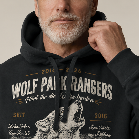 DSG Wolf Park Rangers, 10 Jahre Rudel Jubiläumhoodie, Unisex Hoodie aus 100% Bio-Baumwolle mit Seitentaschen